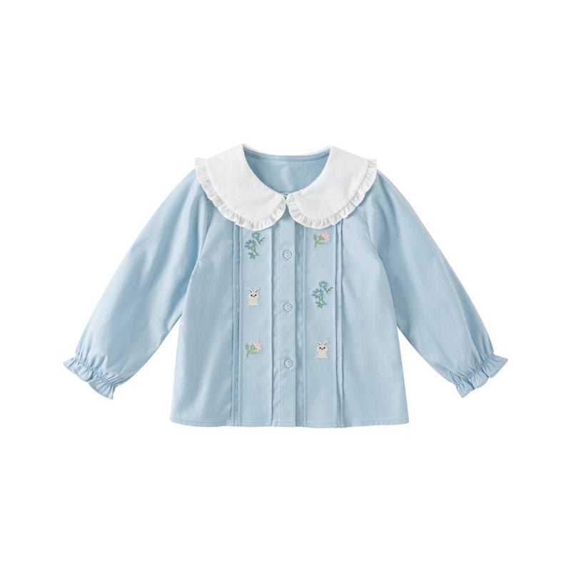 Rabbit Out Pleated Girl Peter Pan Collar Blue Shirt   0cm