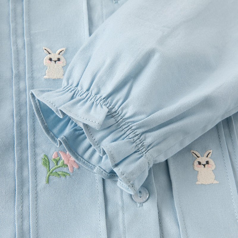 Rabbit Out Pleated Girl Peter Pan Collar Blue Shirt   0cm