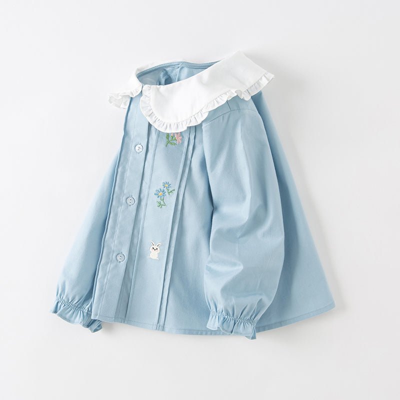Rabbit Out Pleated Girl Peter Pan Collar Blue Shirt   0cm