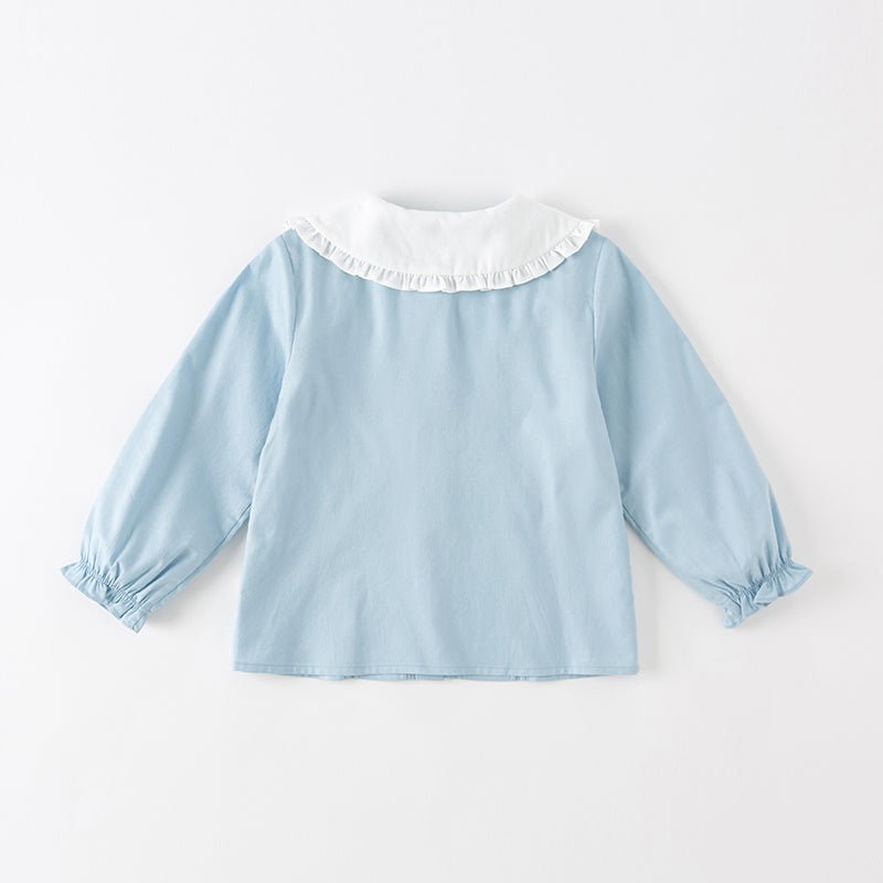 Rabbit Out Pleated Girl Peter Pan Collar Blue Shirt   0cm