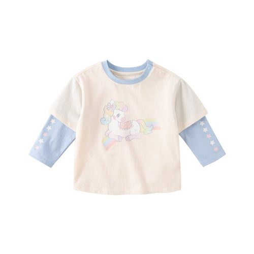 Rainbow Unicorn Long Sleeve Girl Apricot Tee   0cm