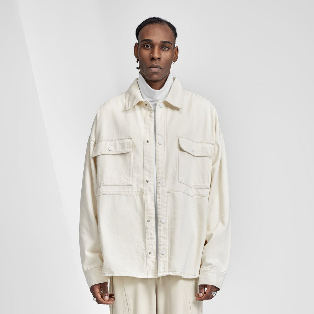 Relaxed Fit Cargo Pocket Button Up Ivory Denim Overshirt - 0cm