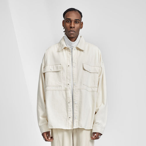 Relaxed Fit Cargo Pocket Button Up Ivory Denim Overshirt   0cm