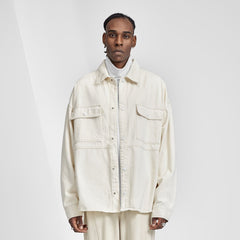 Relaxed Fit Cargo Pocket Button Up Ivory Denim Overshirt