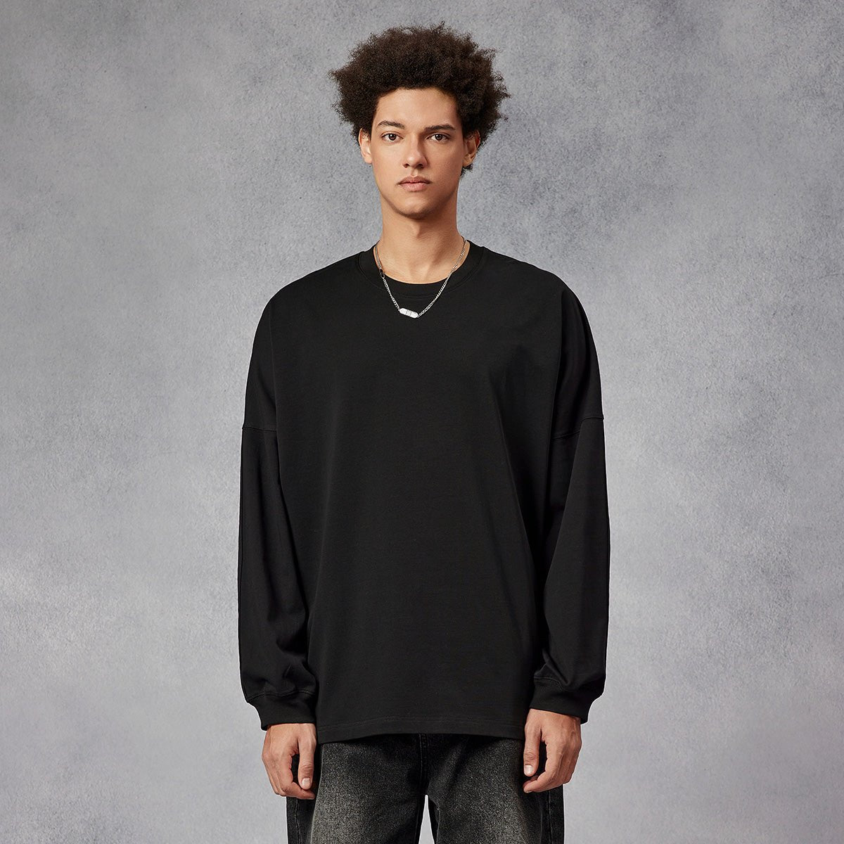 Relaxed Fit Heavyweight Long sleeve Black Tee   0cm