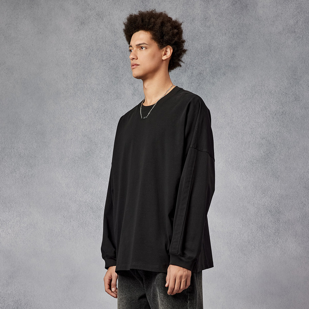 Relaxed Fit Heavyweight Long sleeve Black Tee   0cm
