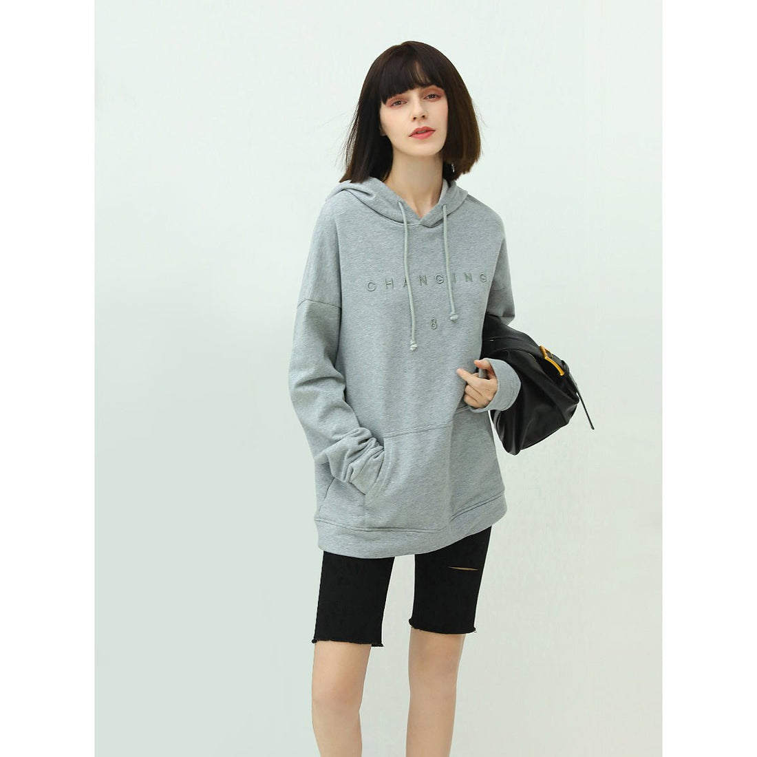Relaxed Fit Slogan Embroidery Grey Hooded Sweater - 0cm