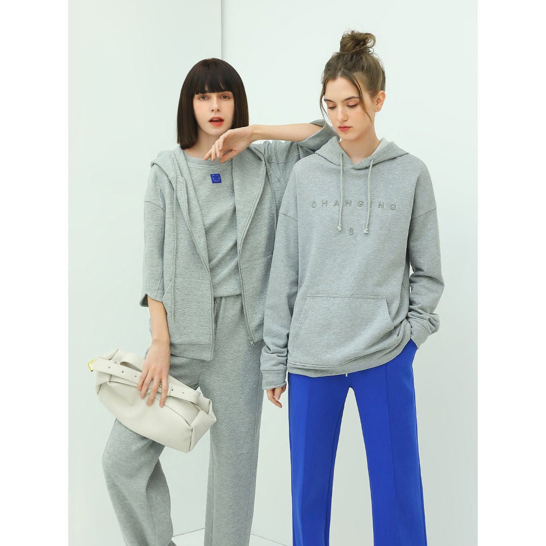Relaxed Fit Slogan Embroidery Grey Hooded Sweater - 0cm