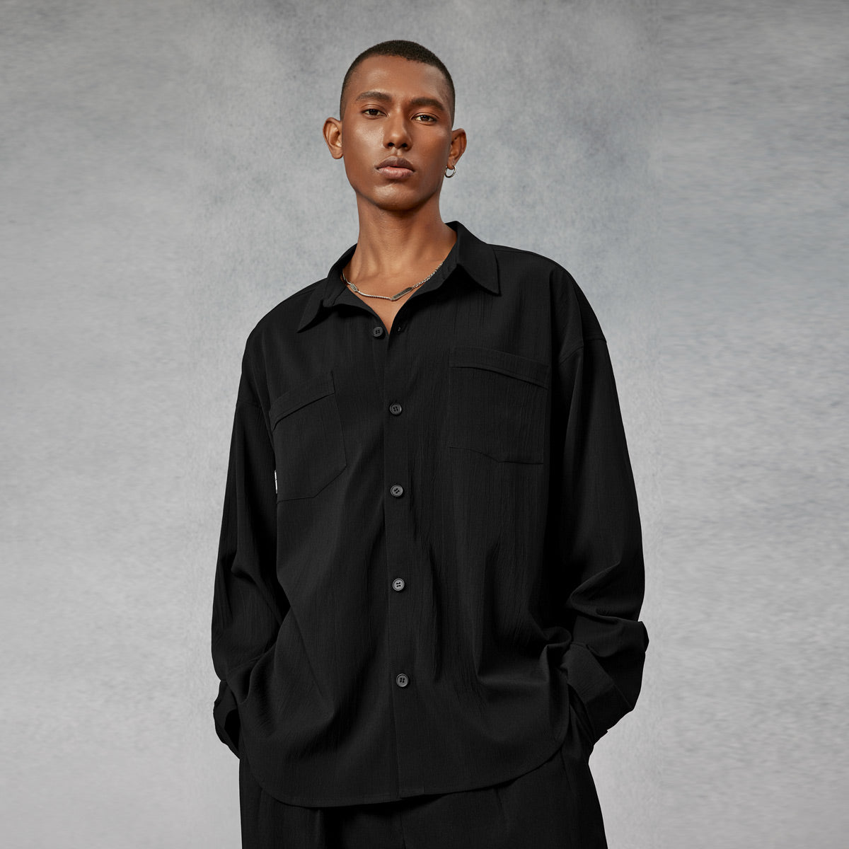 Resort Drape Pleated Crepe Black Shirt   0cm