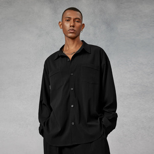 Resort Drape Pleated Crepe Black Shirt   0cm