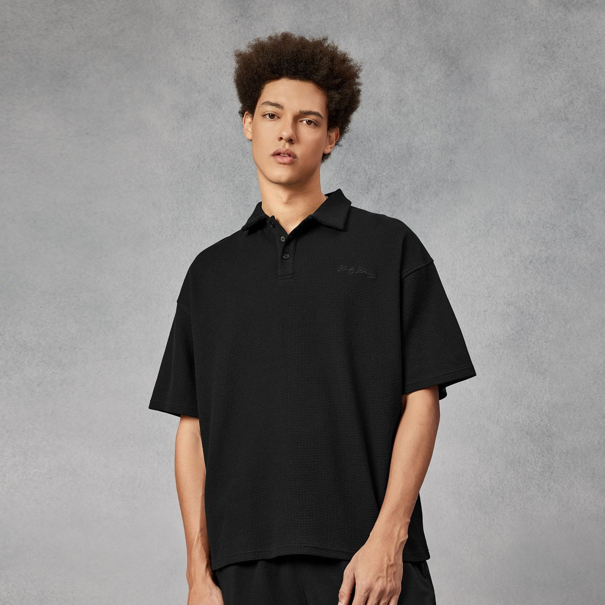 Retro Heavyweight Black Waffle Sport Polo   0cm