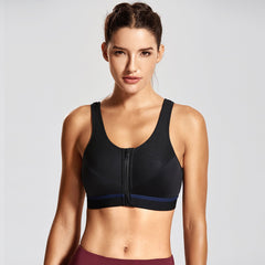 Safety Hook Zip Front Extra Back Support Breathable Wireless Black Sports Bra