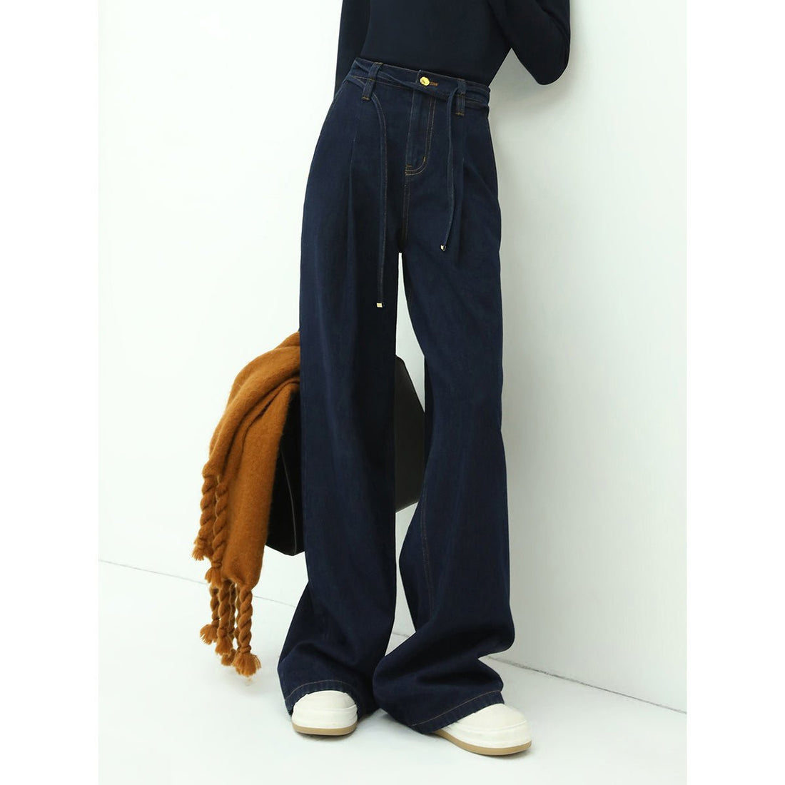 Sailor Pleated Tie-waist Flare-fit Baggy Navy Jeans - 0cm