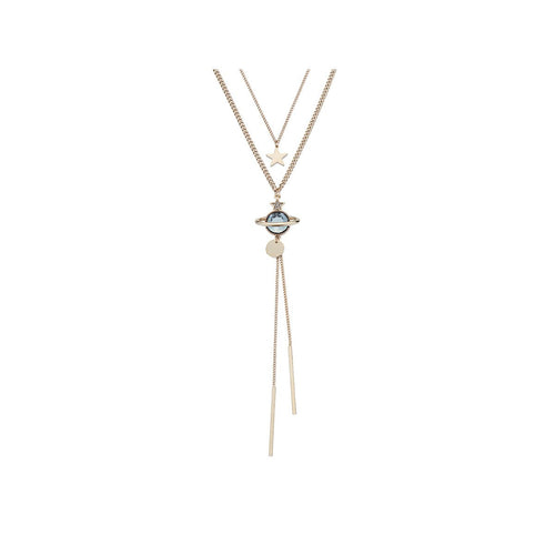 Saturn Planet Pendant Double layed Gold Necklace   0cm