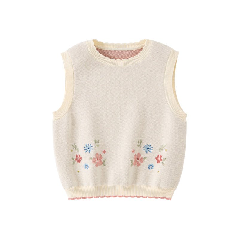 Scallop Edged Flower Embroidery Girl Beige Knitted Vest   0cm