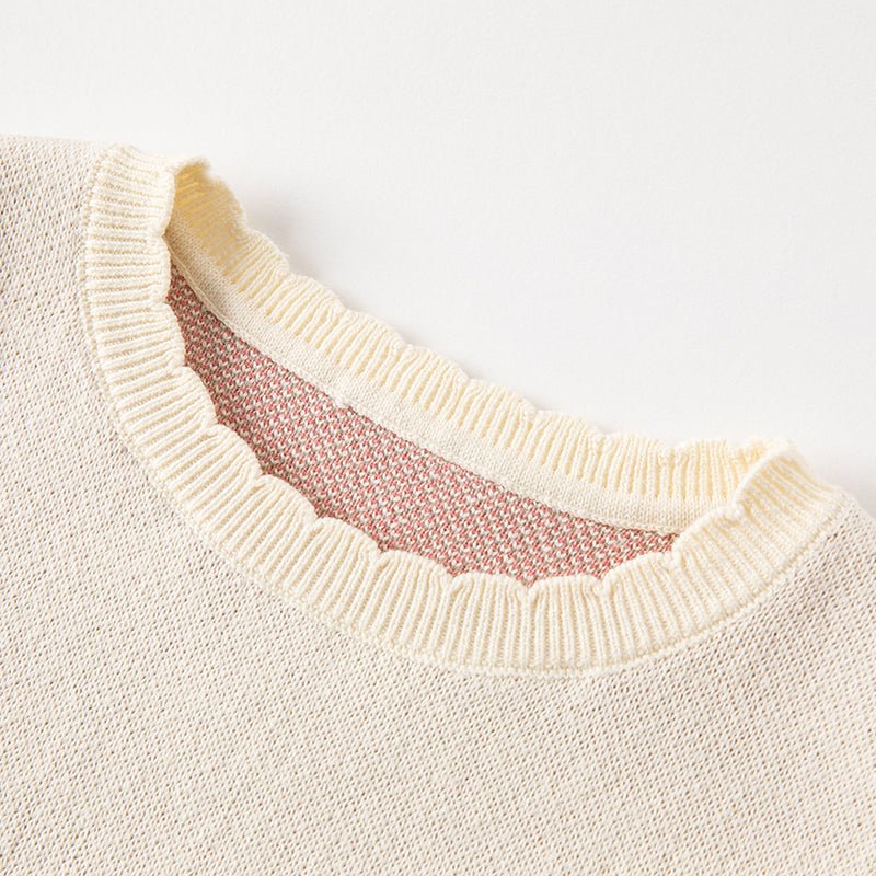 Scallop Edged Flower Embroidery Girl Beige Knitted Vest   0cm