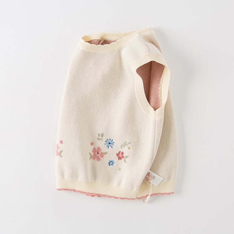 Scallop Edged Flower Embroidery Girl Beige Knitted Vest   0cm