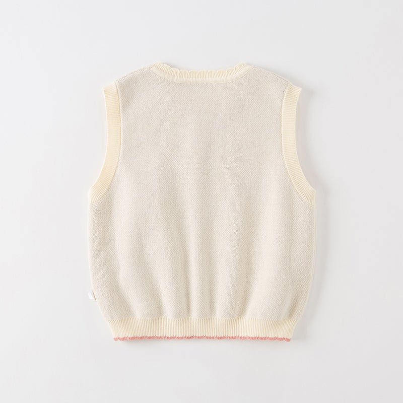 Scallop Edged Flower Embroidery Girl Beige Knitted Vest   0cm