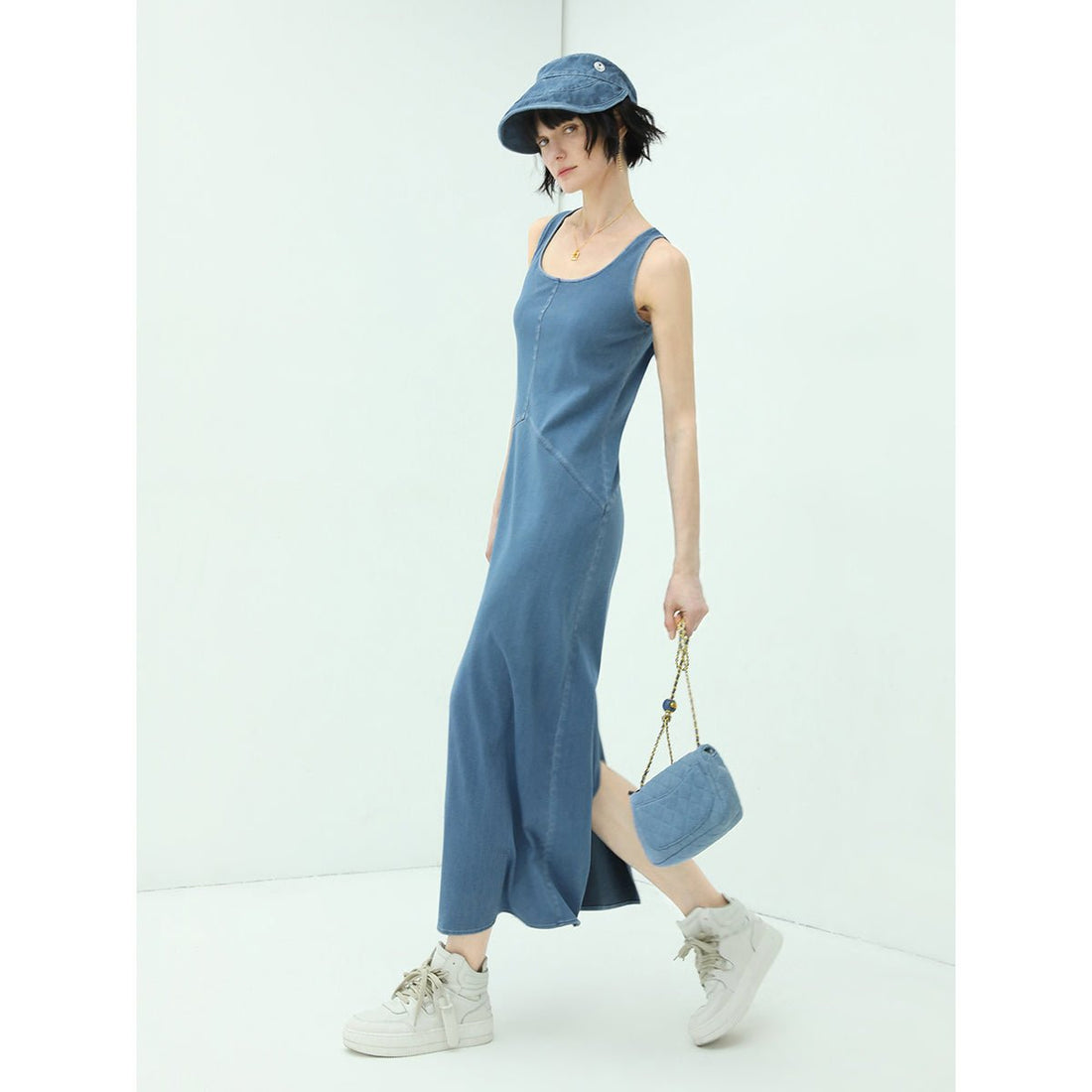 Scoop Neck Stretch Panelled Blue Tank Denim Dress - 0cm