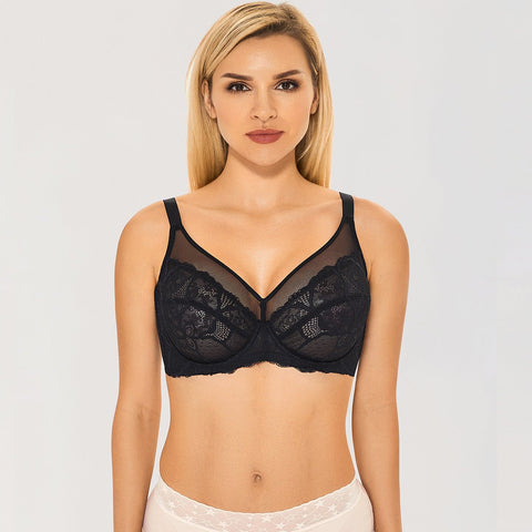 See-through Lace Sheer Unlined Minimizer Underwire Back Closure Black Bra