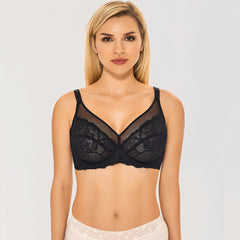 See-through Lace Sheer Unlined Minimizer Underwire Back Closure Black Bra