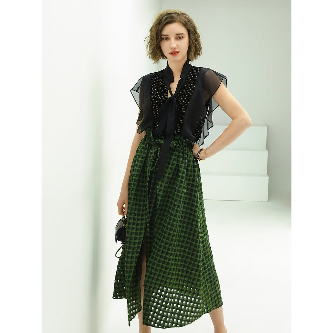 Semi See-through Drawstring Check Empire Green Skirt - 0cm