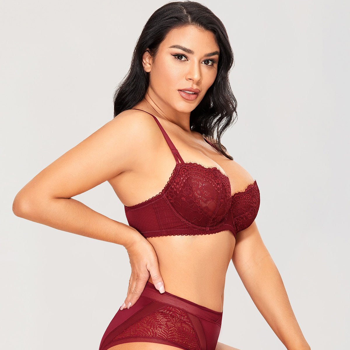 Sexy Lace Sheer Balconette Unlined Wine Push Up Bra   0cm