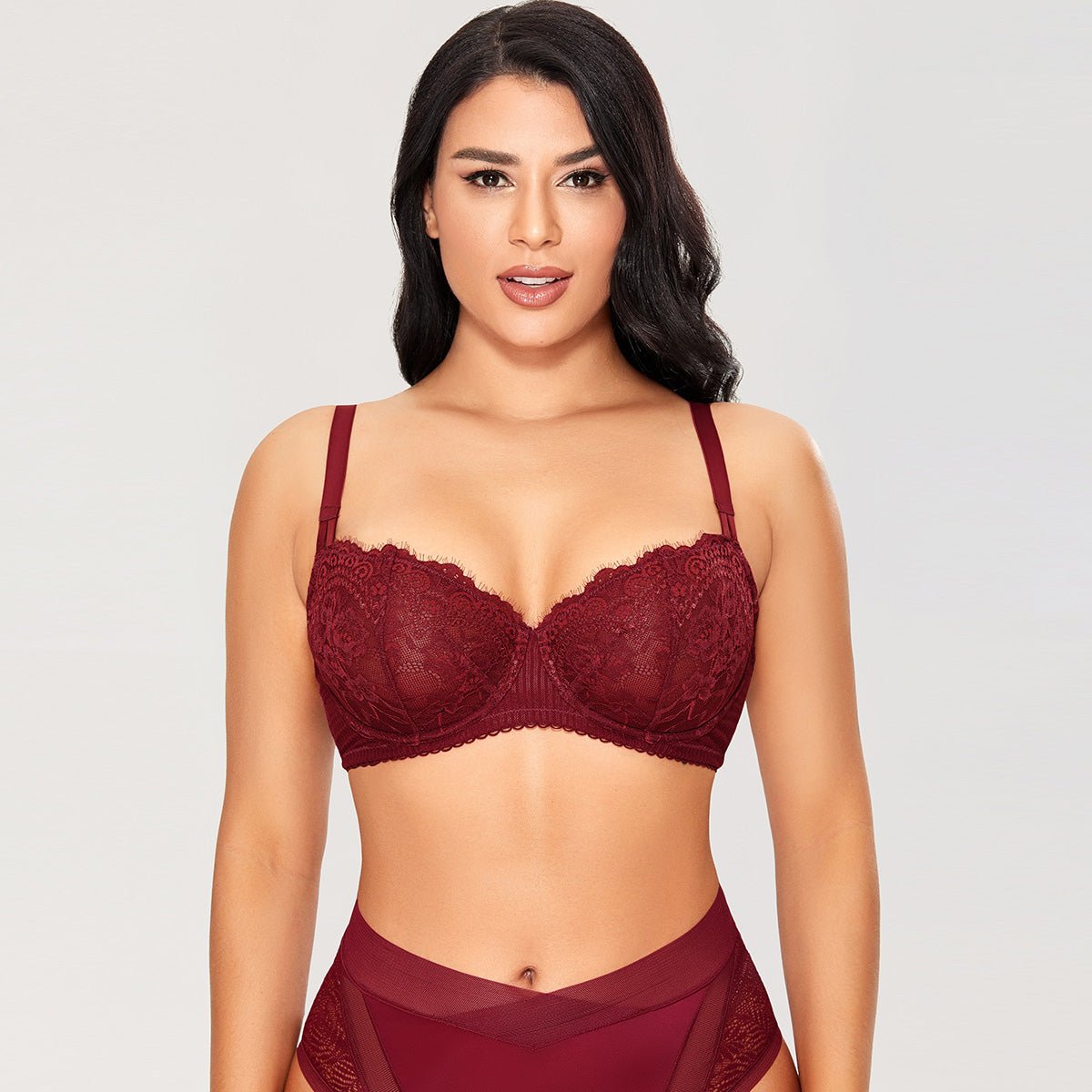 Sexy Lace Sheer Balconette Unlined Wine Push Up Bra   0cm