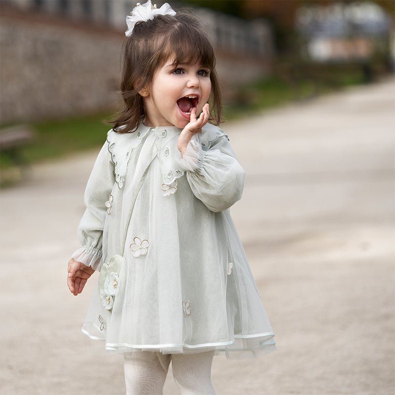 Sheer Spring Blossom Girl Green Dress With Purse   0cm