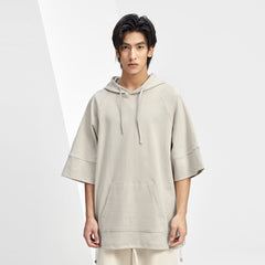 Short-sleeve Relaxed Fit Kangaroo Pocket Khaki Hooded Sweater