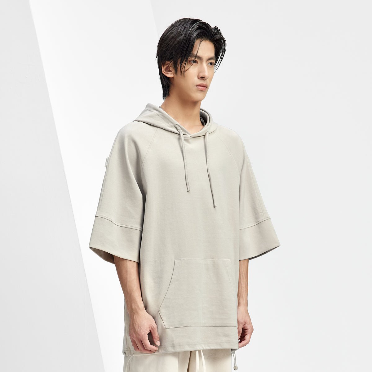 Short sleeve Relaxed Fit Kangaroo Pocket Khaki Hooded Sweater   0cm