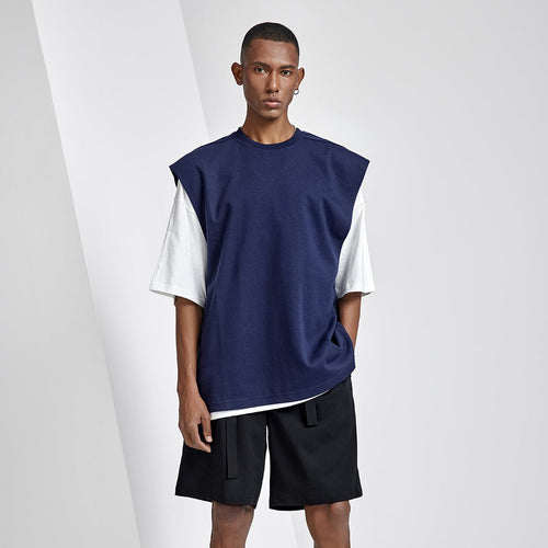 Side Zipper Oversized Cut Off Navy Sports Tank Top   0cm