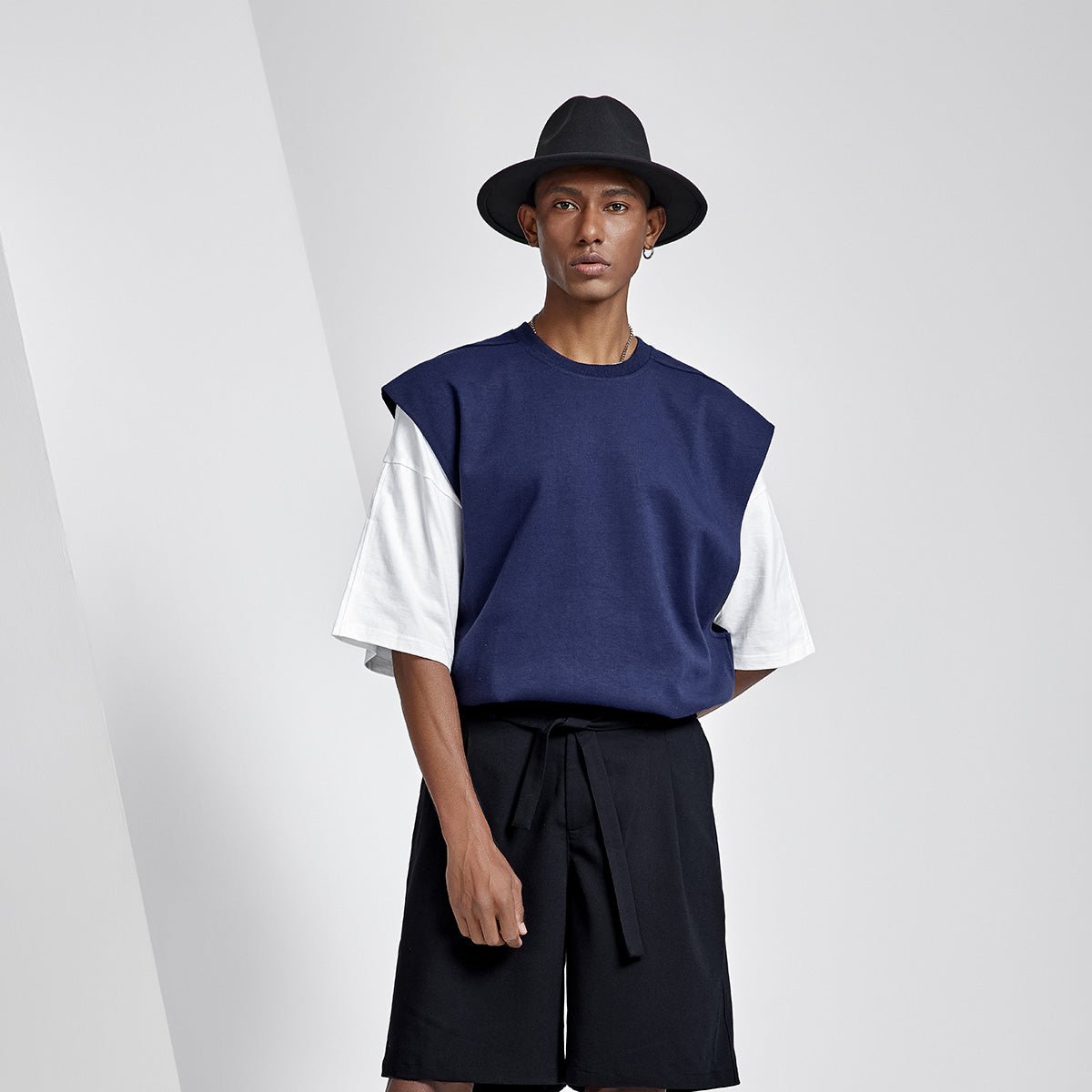 Side Zipper Oversized Cut Off Navy Sports Tank Top   0cm