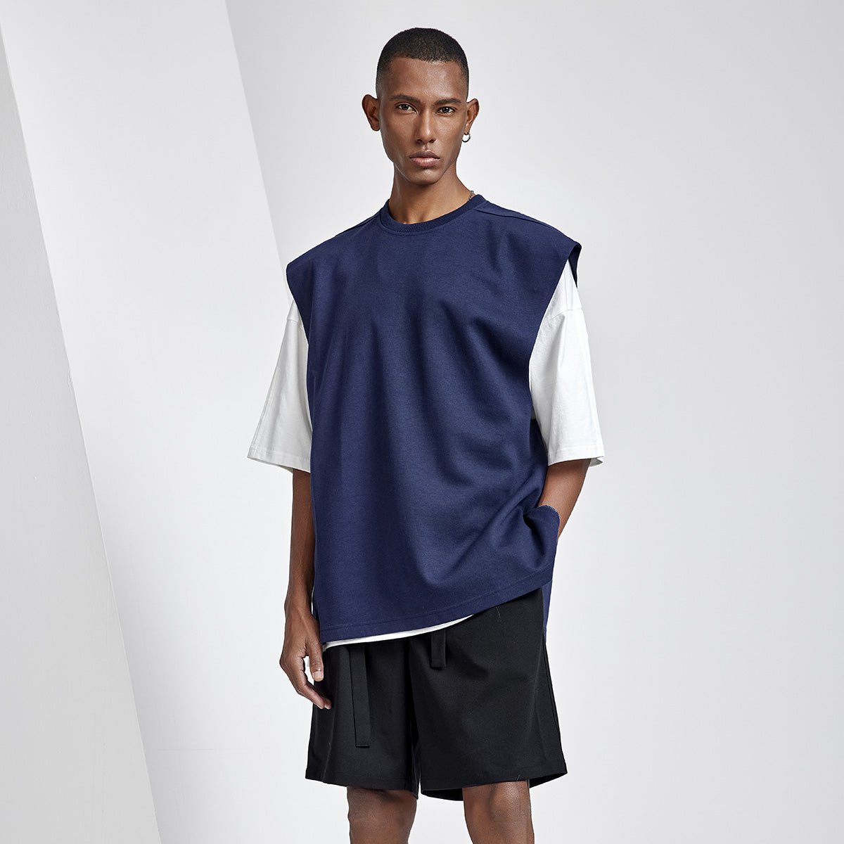 Side Zipper Oversized Cut Off Navy Sports Tank Top   0cm