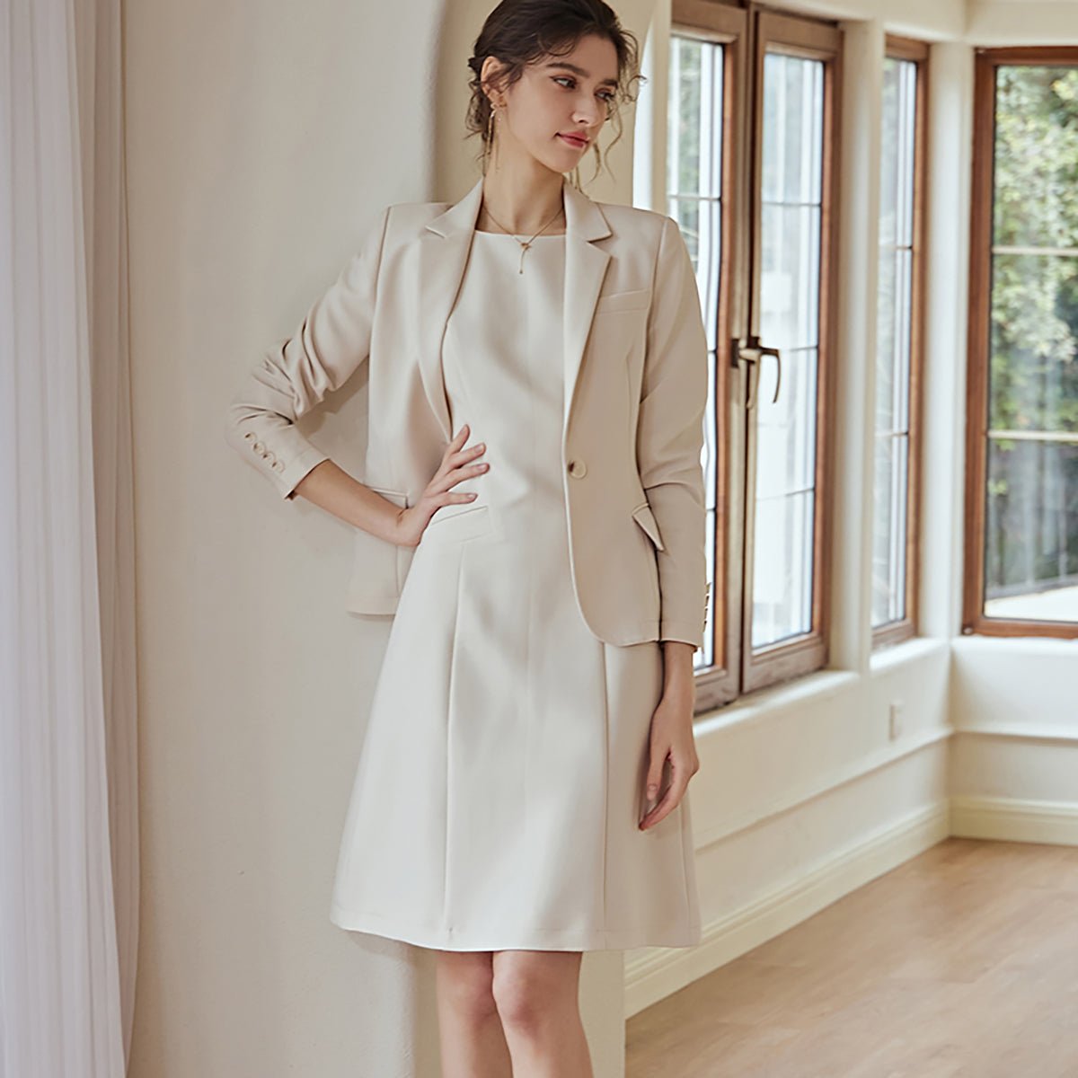 Single Button Blazer and Dress Co ord Set in Apricot   0cm