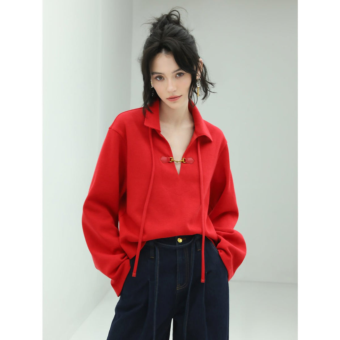 Skipper Drawstring Polo-collar Chain Detail Wide-sleeve Red Sweater - 0cm