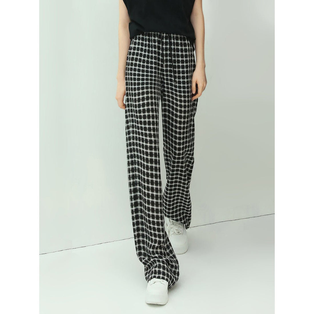 Slouchy Crinkle Relaxed-fit Check Casual Pants - 0cm
