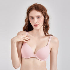 Soft Padded Underwire Plunge Full Coverage Pink Push Up Tshirt Bra