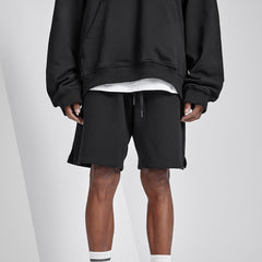 Solid Duty Drawstring Waist Black Track Shorts