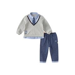 Space Travel Boy Fake Two-piece Grey Sweater & Pants Set