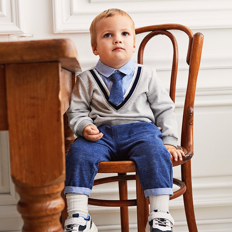 Space Travel Boy Fake Two piece Grey Sweater & Pants Set   0cm