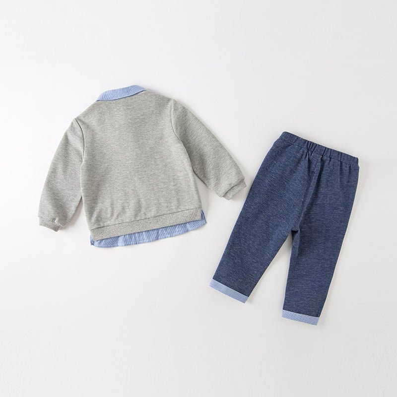 Space Travel Boy Fake Two piece Grey Sweater & Pants Set   0cm
