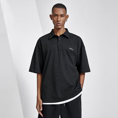 Sporty Boxy Fit Script Logo Black Polo