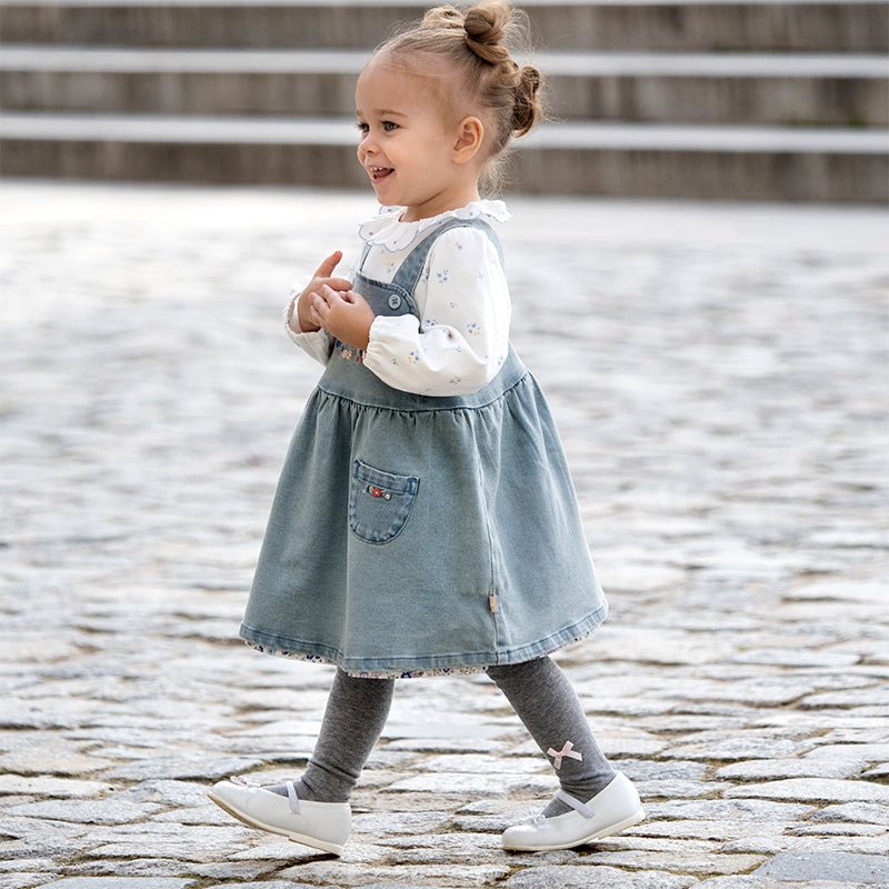 Spring Flower Embroidery Girl Blue Suspender Denim Dress   0cm