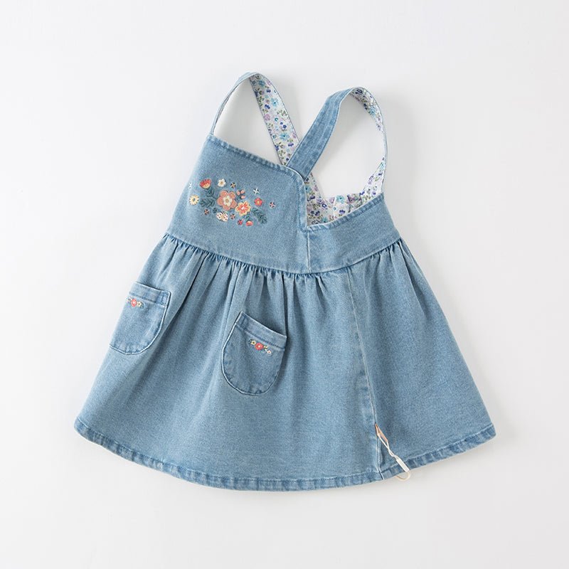 Spring Flower Embroidery Girl Blue Suspender Denim Dress   0cm