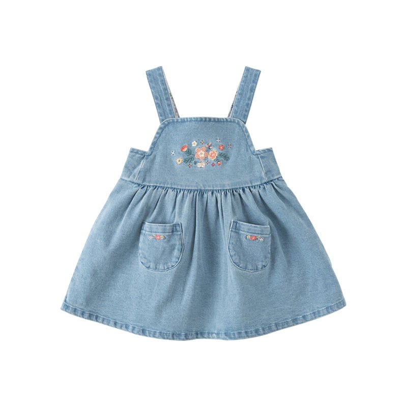 Spring Flower Embroidery Girl Blue Suspender Denim Dress   0cm