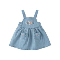 Spring Flower Embroidery Girl Blue Suspender Denim Dress