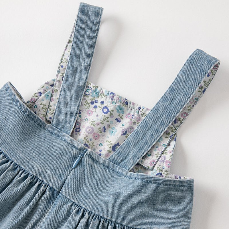 Spring Flower Embroidery Girl Blue Suspender Denim Dress   0cm