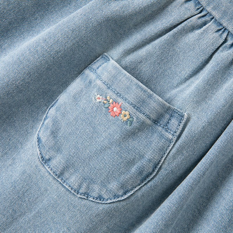 Spring Flower Embroidery Girl Blue Suspender Denim Dress   0cm