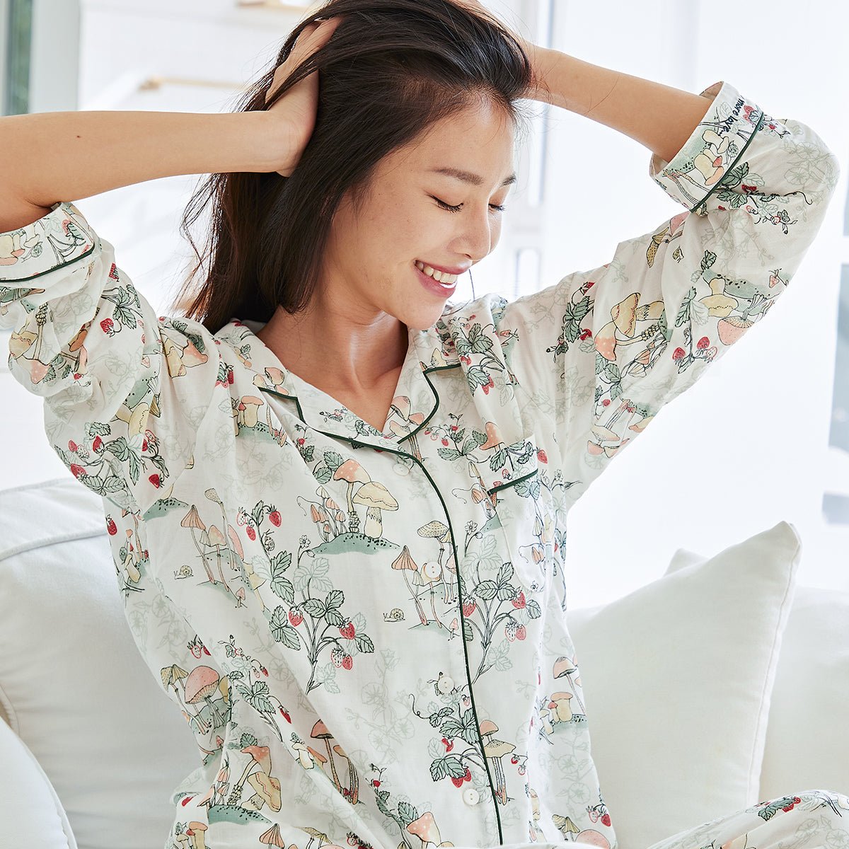 Spring Season Double layer Long Sleeve Women Green Pyjama Set   0cm